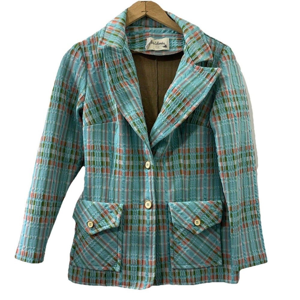 Fire Islander Vintage Womans Turquoise Plaid Blazer Jacket Size M Coastal Preppy